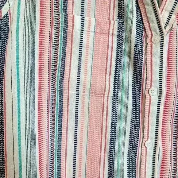Max Studio Women's White/Pink/Navy/Aqua Striped Cotton Sleeveless Button Down To - Picture 6 of 11
